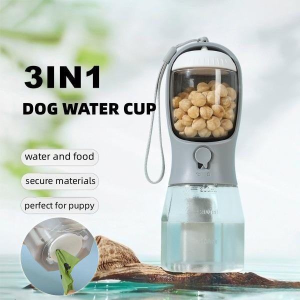 Vaso para perros con bolsa para agua, comida y basura.